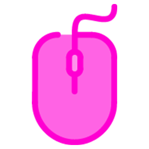 A pink computer mouse with a scroll wheel and a cord.